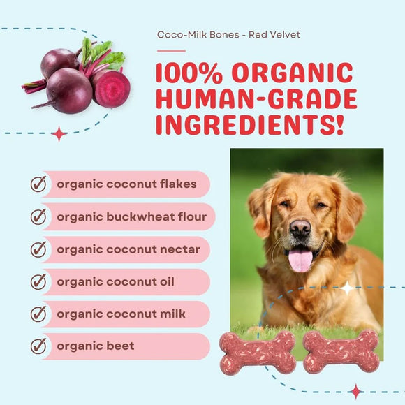Dog food product with organic ingredients listed and a dog photo on a light blue background