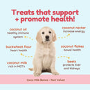Dog with health benefits listed on a light blue and pink background