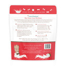 Back of a red coconut milk bone treat packaging with text and illustrations.