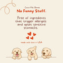 Product label with cartoon dogs and text about ingredients and origin on a beige background
