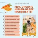 Dog food product with organic ingredients listed and a dog holding carrots.