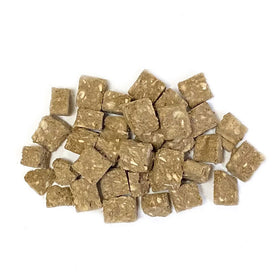 Brown square-shaped snacks on a white background