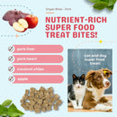 Promotional image of nutrient-rich super food treat bites for pets with ingredients listed and a photo of a cat and dog.