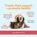 Two puppies with text about treats for health on a light blue background
