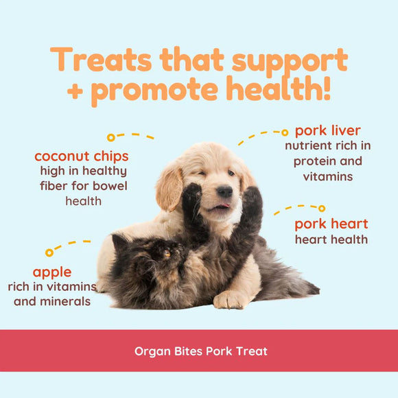 Two puppies with text about treats for health on a light blue background