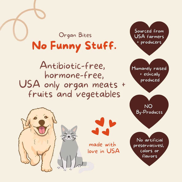 Advertisement for Organ Bites pet food with text about product attributes on a beige background.
