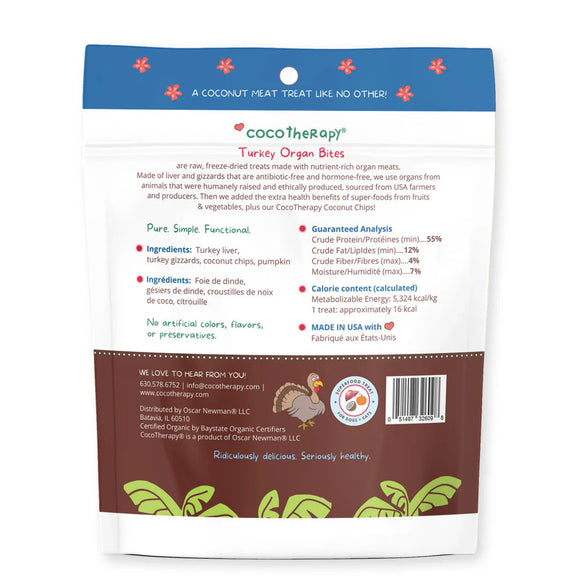 Back of a CoCoTherapy Turkey Organ Bites packaging with text and branding.