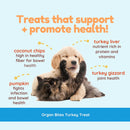 Two puppies with text about treats for health on a blue background