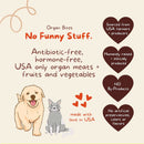 Advertisement for Organ Bites pet food with text about product attributes on a beige background.