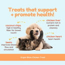 Two puppies with text about chicken treats for health benefits on a light blue background.