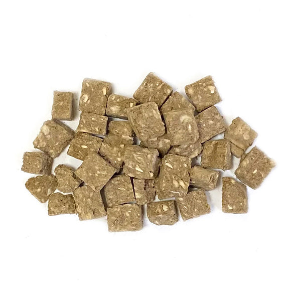 Brown square-shaped snacks on a white background