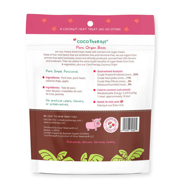 Back view of a CocoTherapy pork organ bites packaging with text and branding.