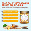 Coco-Gold 100% Organic Golden Oil Infusion with ingredients and packaging on a light blue background