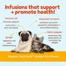 Advertisement for Organic Coco-Gold Golden Oil Infusion featuring a pug and kitten with health benefits listed.