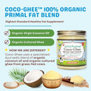 Coco-Ghee organic primal fat blend with coconut and ghee on a blue background