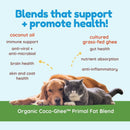 Dog and cat lying together with text about health benefits of Organic Coco-Ghee Primal Fat Blend