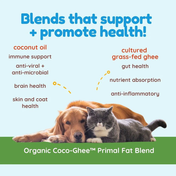 Dog and cat lying together with text about health benefits of Organic Coco-Ghee Primal Fat Blend
