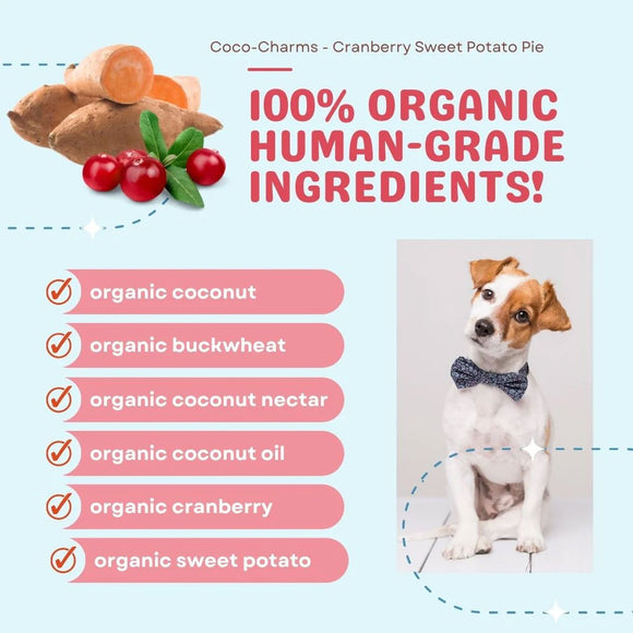 Dog food product with organic ingredients listed and a dog wearing a bow tie.