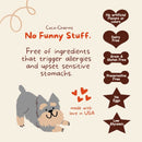 Product label for Coco-Charms dog treats with allergen-free and free-range information.