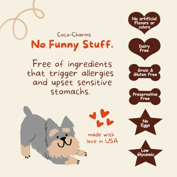 Product label for Coco-Charms dog treats with allergen-free and free-range information.