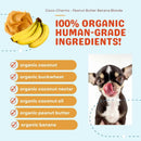 Product packaging for Coco-Charms Peanut Butter Banana Blonde with organic ingredients listed and a dog licking its lips.