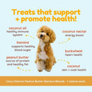 Dog with health benefits listed on a light blue background