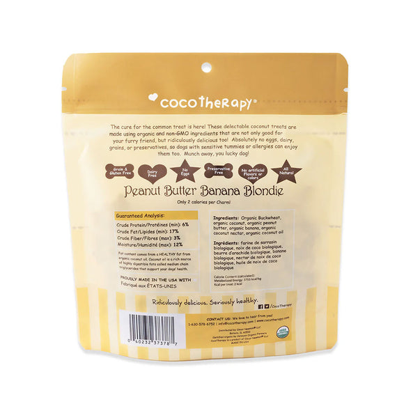 CocoTherapy Peanut Butter Banana Blondie dog treat package on a white background