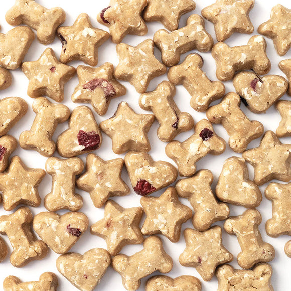 Assorted dog treats shaped like stars, bones, and hearts on a white background