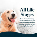 Dog with text about pet eye care products for all life stages