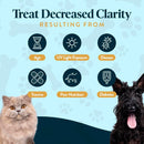 Diagram explaining factors affecting decreased clarity in pets with images of a cat and dog.