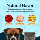 Advertisement for pet health chews with a dog and cat, highlighting natural flavors and ingredients.