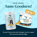 Two containers of Oela Vet Vision Chews for dogs and cats on a blue and black gradient background with text indicating a new look.