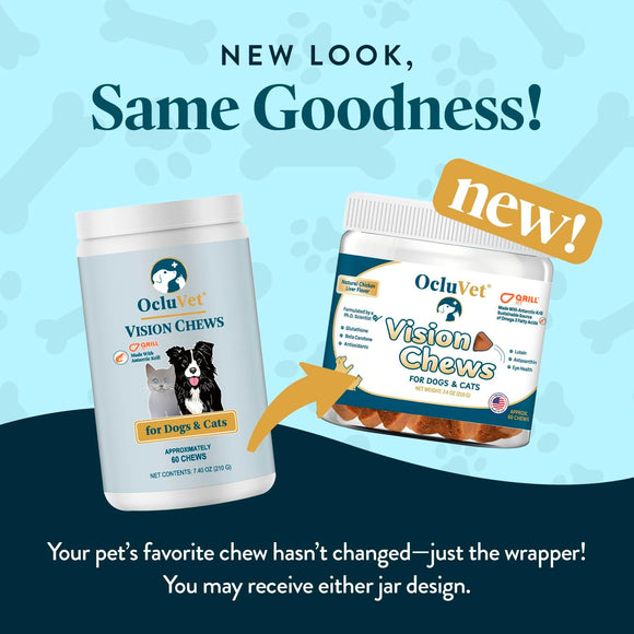 Two containers of Oela Vet Vision Chews for dogs and cats on a blue and black gradient background with text indicating a new look.