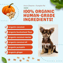 Dog food product with organic ingredients listed and a small dog on a light blue background.