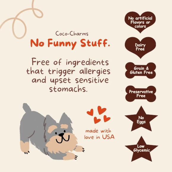 Product label for Coco-Charms dog food with allergen-free and free-range features.
