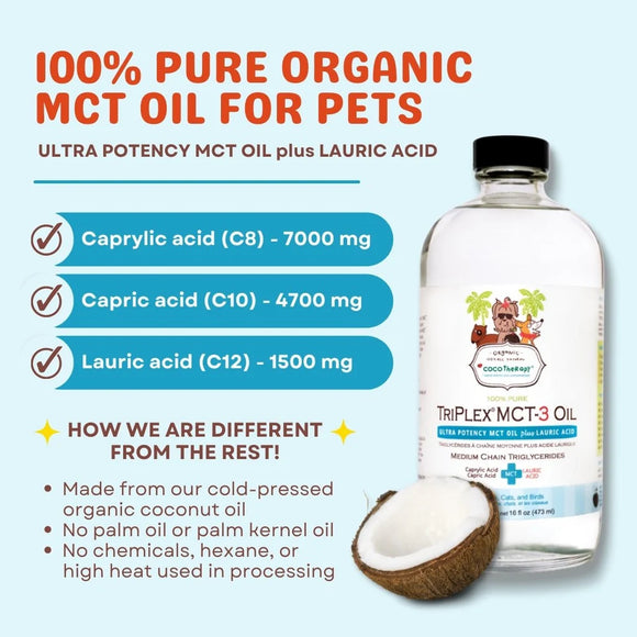 Bottle of Triplex MCT-3 Oil for pets with coconut and product details on a light blue background