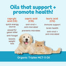 Advertisement for Organic Triplex MCT-3 Oil featuring a dog and cat on a blue background with text about oil benefits.