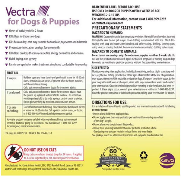 Vectra Flea and Tick Spot Treatment for X-Small Dogs & Puppies, 2.5-10 lbs backside