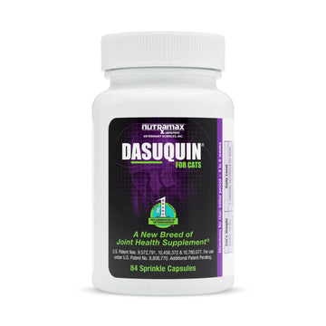 Nutramax Dasuquin Sprinkle Capsules for Cats front label featuring joint health support claims and chicken-tuna flavor.