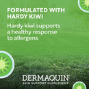 Advertisement for Dermaquin skin support supplement with text about Hardy Kiwi on a green background.