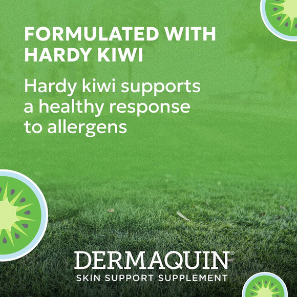 Advertisement for Dermaquin skin support supplement with text about Hardy Kiwi on a green background.
