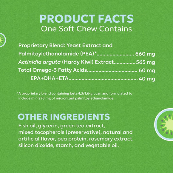 Product facts label for a supplement with green background and white text.