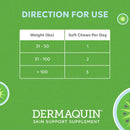 Direction for use chart for Dermaquin skin support supplement on a green background
