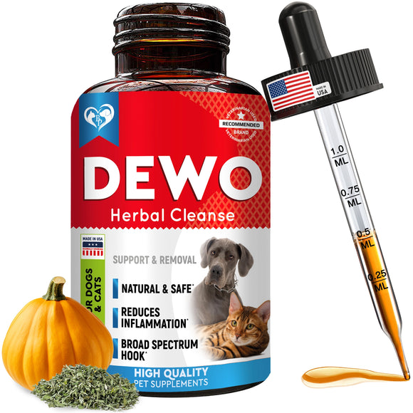 DEWO Herbal Cleanse supplement bottle with dropper, pumpkin, and herbs on a white background