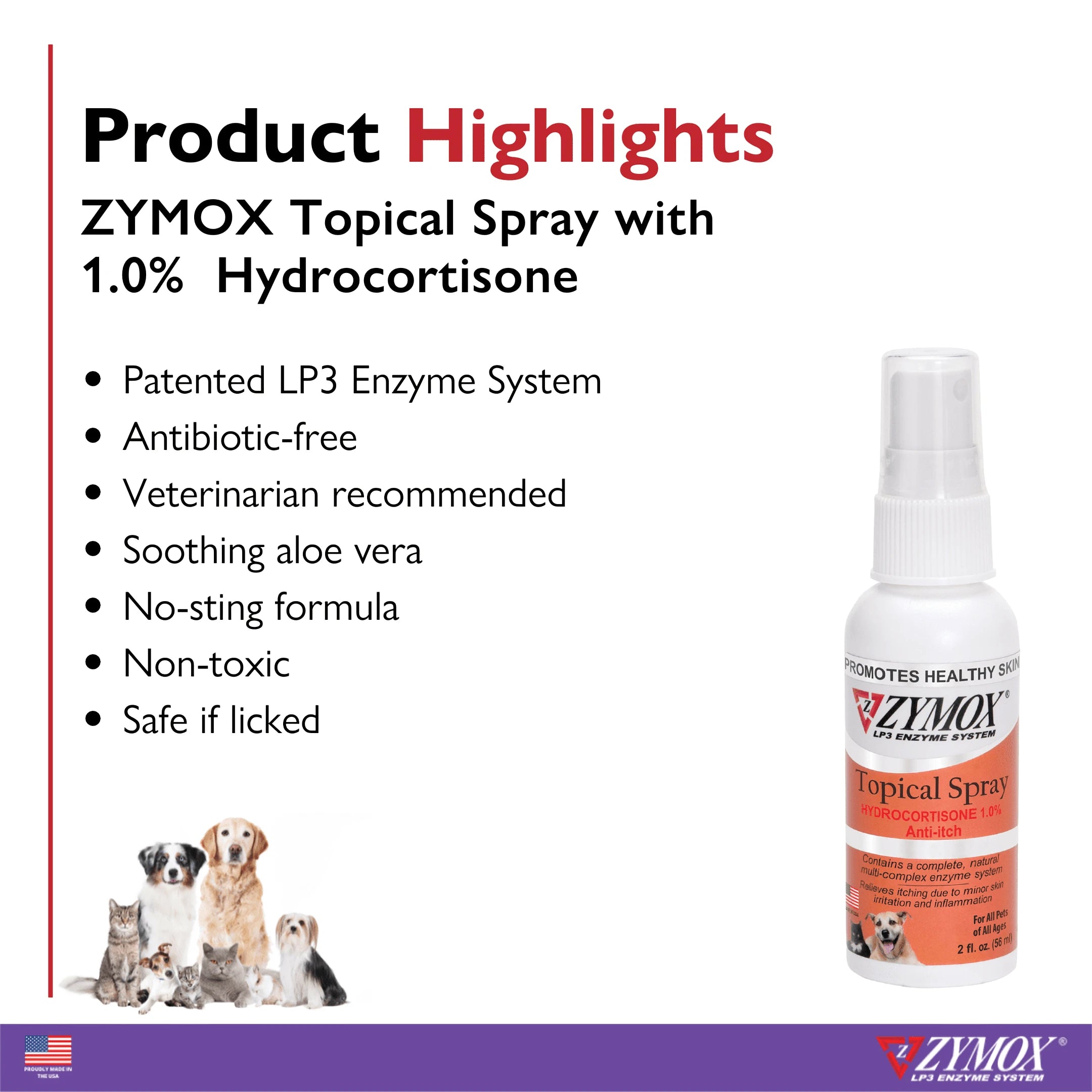 Detail of Zymox Topical Spray ingredients and usage instructions