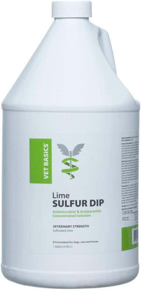 White gallon with label Vet Basics Lime Sulfur Dip for Dogs, cats & Horses, Gallon