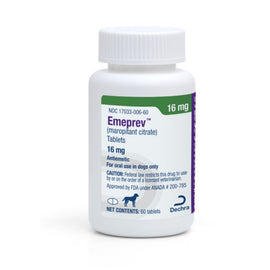 Bottle of Emeprev tablets for dogs on a white background