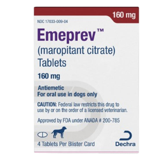 Emeprev (maropitant citrate) 160 mg tablets packaging with Dechra logo.
