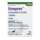 Emeprev (maropitant citrate) packaging for dogs with dosage information and branding details.