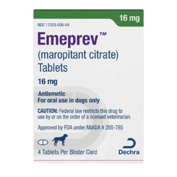 Emeprev (maropitant citrate) packaging for dogs with dosage information and branding details.